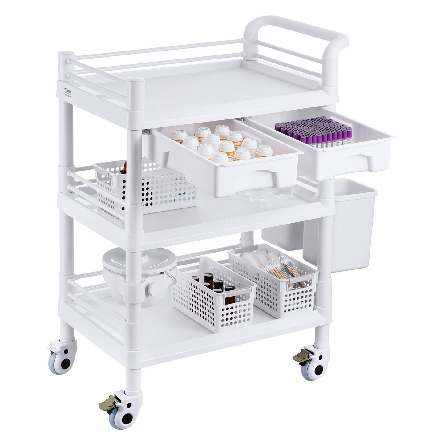 VEVOR 3 Tiers Lab Carts Mobile Medical Cart with 3 Trays & 3 Trash Cans White