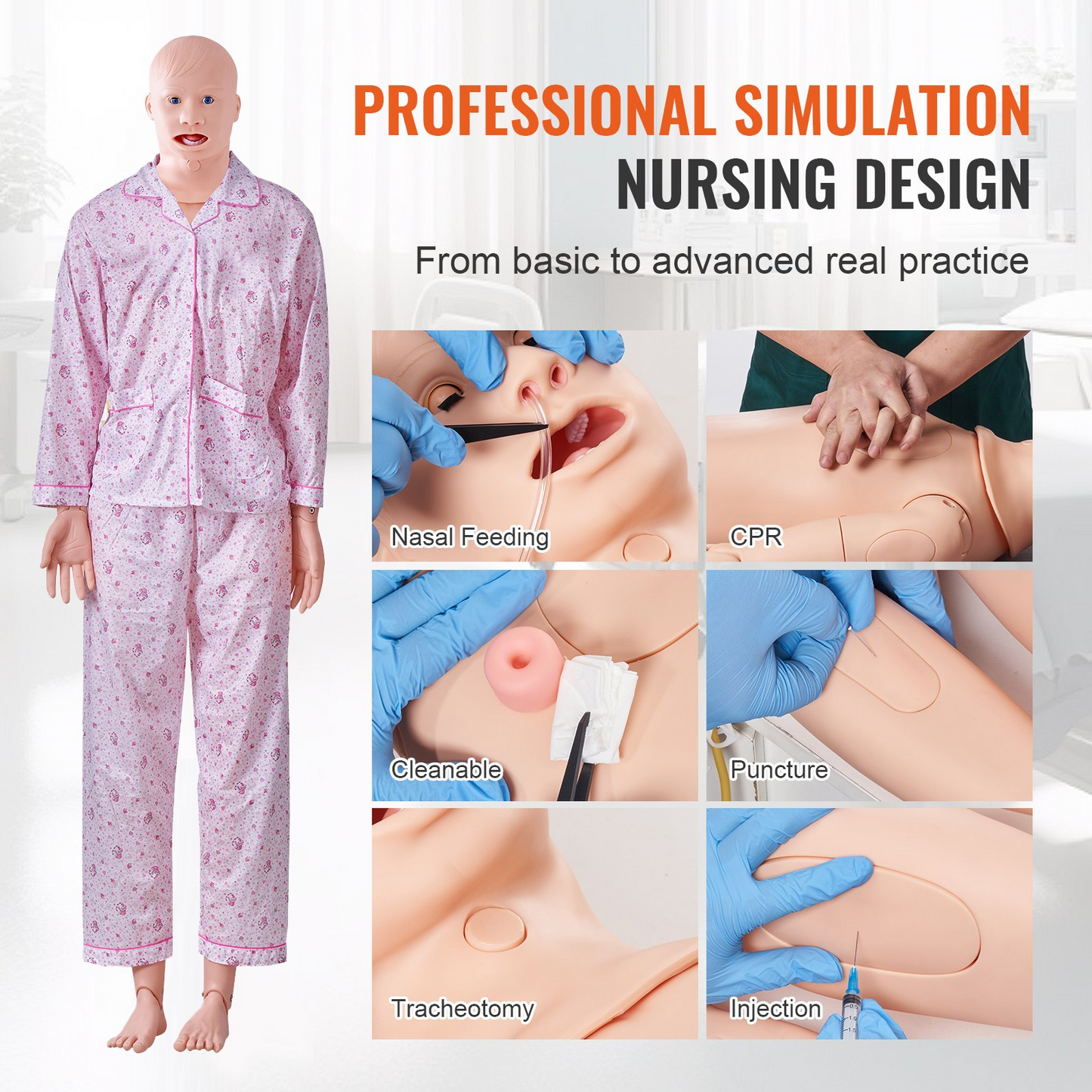 VEVOR Nursing Training Manikin, Male/Female Life Size Demonstration Human Manikin for Nursing Training, Multifunctional Education Teaching Model, PVC Anatomical Mannequin Body Care Simulator Model