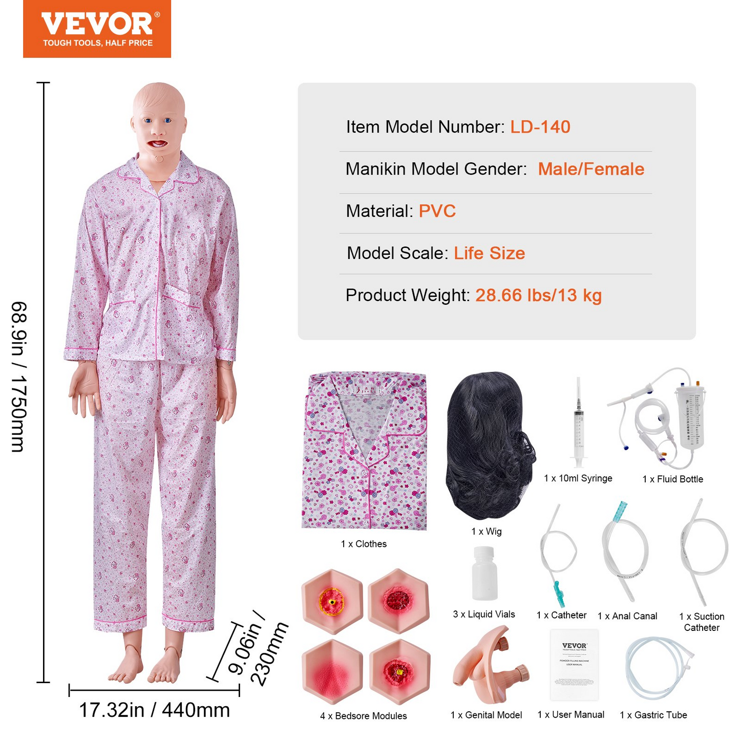 VEVOR Nursing Training Manikin, Male/Female Life Size Demonstration Human Manikin for Nursing Training, Multifunctional Education Teaching Model, PVC Anatomical Mannequin Body Care Simulator Model