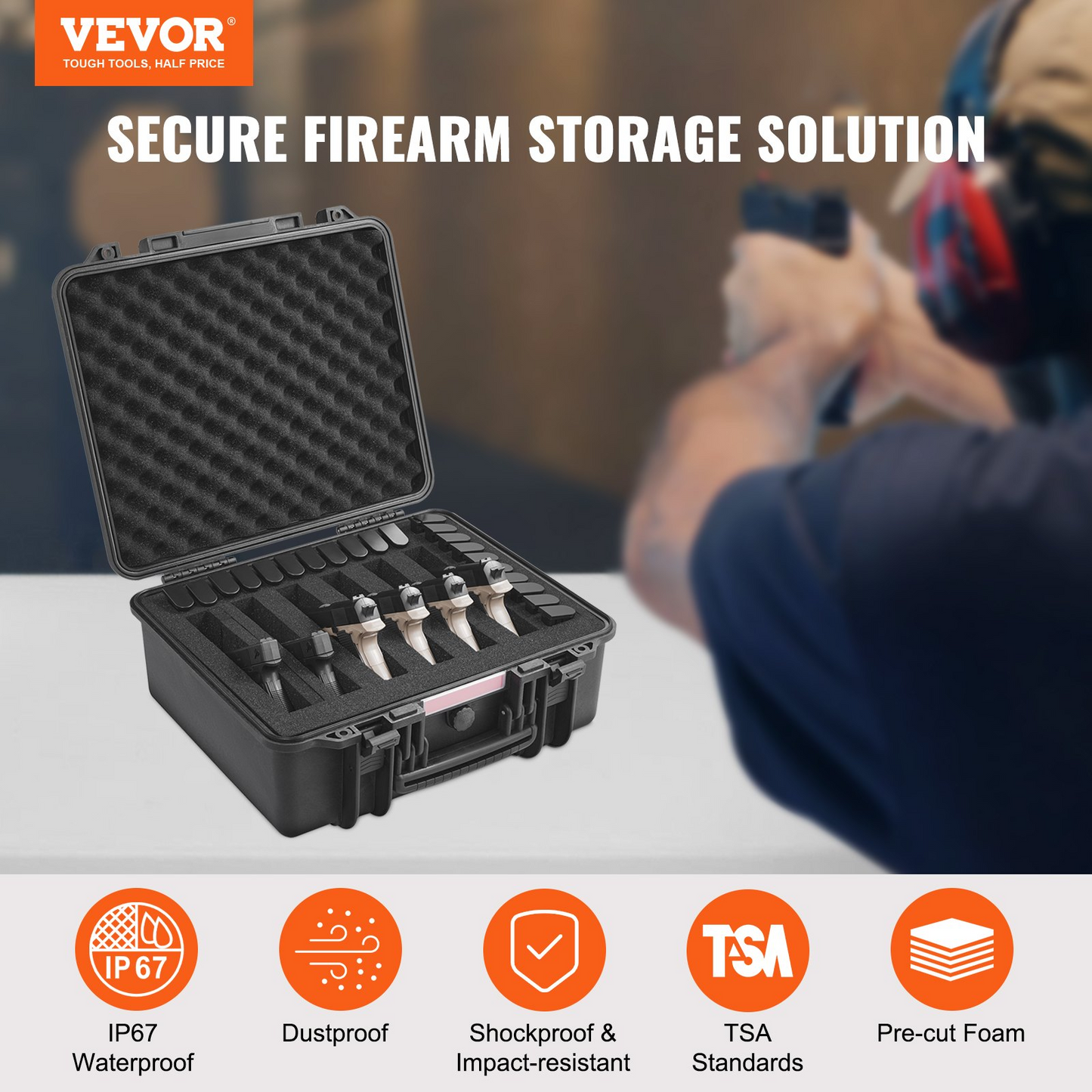 VEVOR Hard Pistol Cases with Pre-cut PU Foam Lockable Pistol Case for 6 Pistol