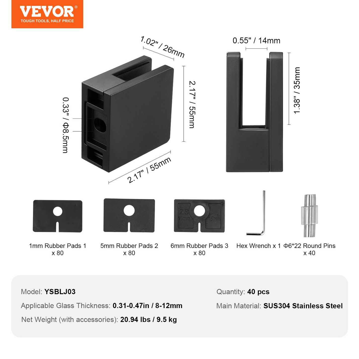 VEVOR Glass Clamp, 40 PCS Square Glass Railing Bracket for 0.31 "-0.47 " Tempered Glass, 304 Stainless Steel Glass Mounting Clamp, Glass Shelf Bracket for Balcony, Garden, Deck, Stair, Black