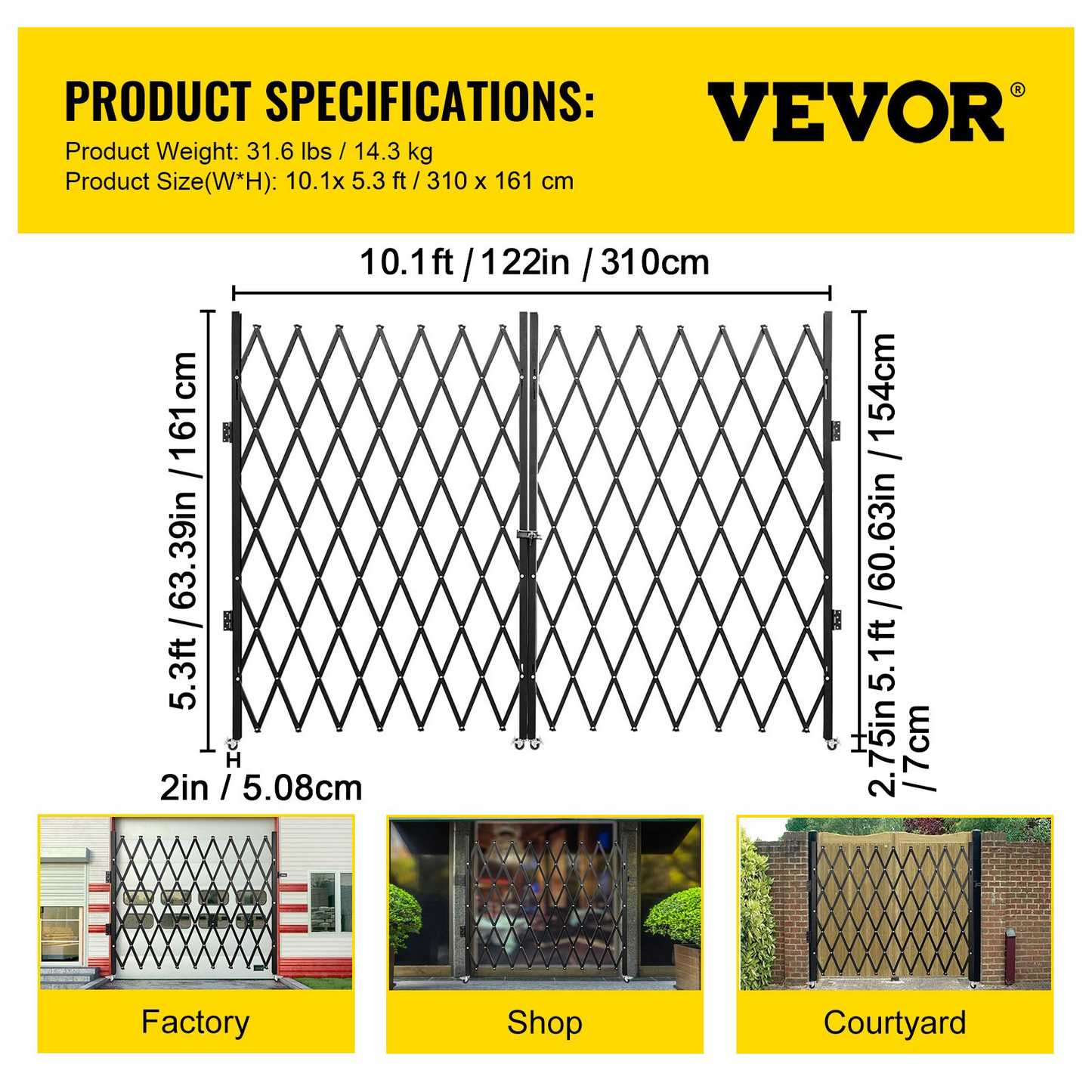 VEVOR Double Folding Security Gate, 5.1' H x 10.2' W Folding Door Gate, Steel Accordion Security Gate, Flexible Expanding Security Gate, 360° Rolling Barricade Gate, Scissor Gate or Door with Keys