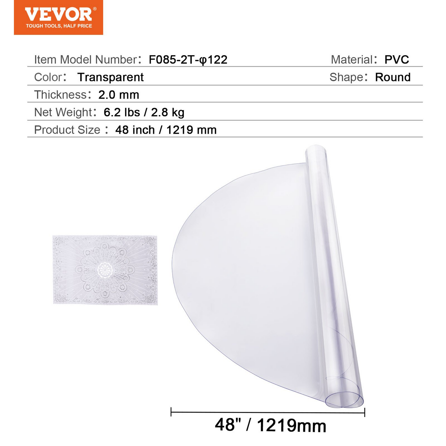 VEVOR PVC Table Protector 48 Inch Round Clear Plastic Desk Protector 2.0mm Thick