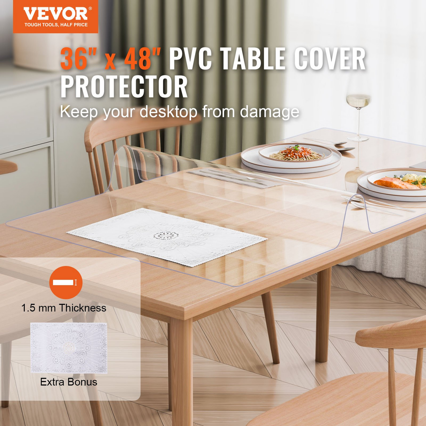 VEVOR PVC Table Protector 36x48 Inch Clear Plastic Desk Protector 1.5mm Thick