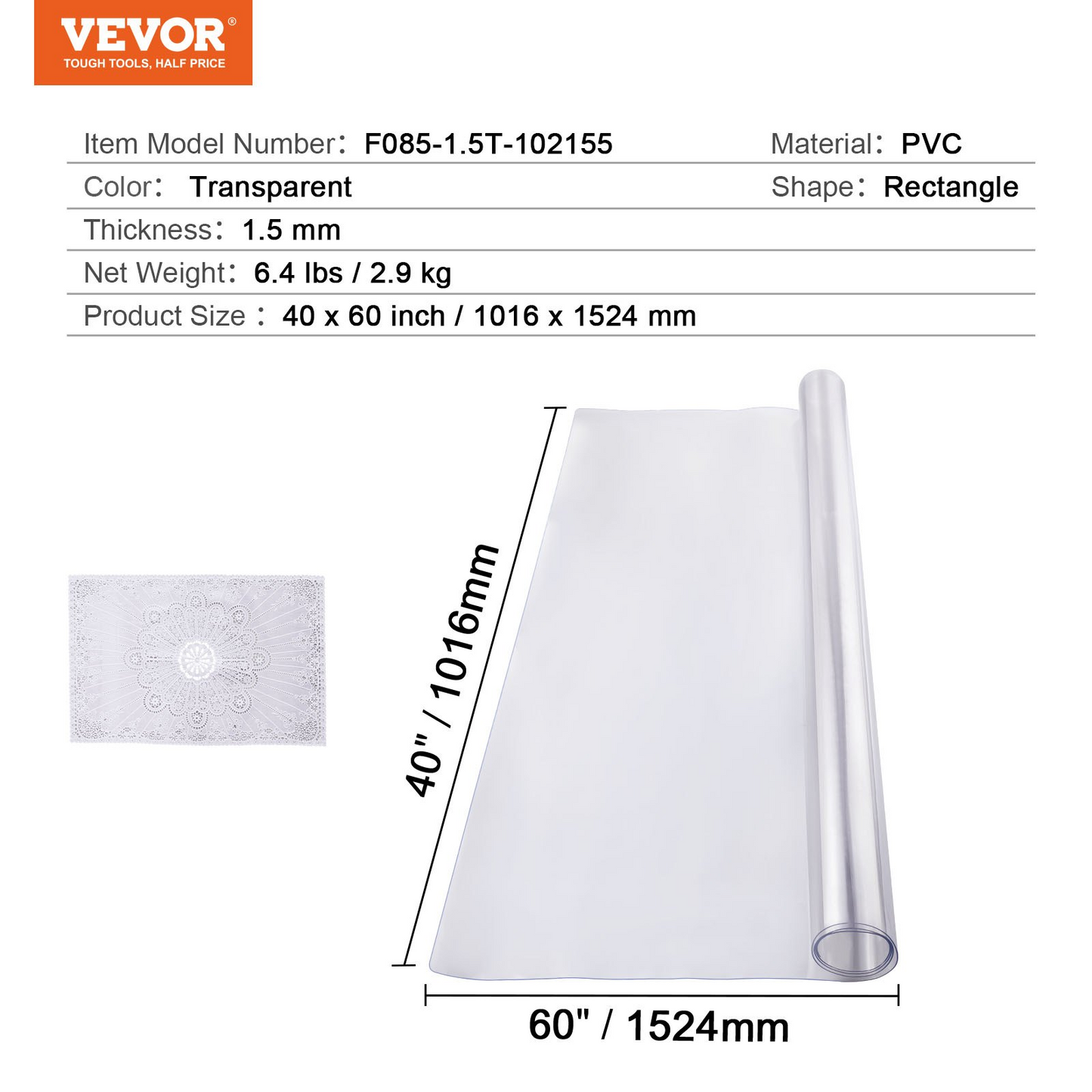 VEVOR PVC Table Protector 40x60 Inch Clear Plastic Desk Protector 1.5mm Thick