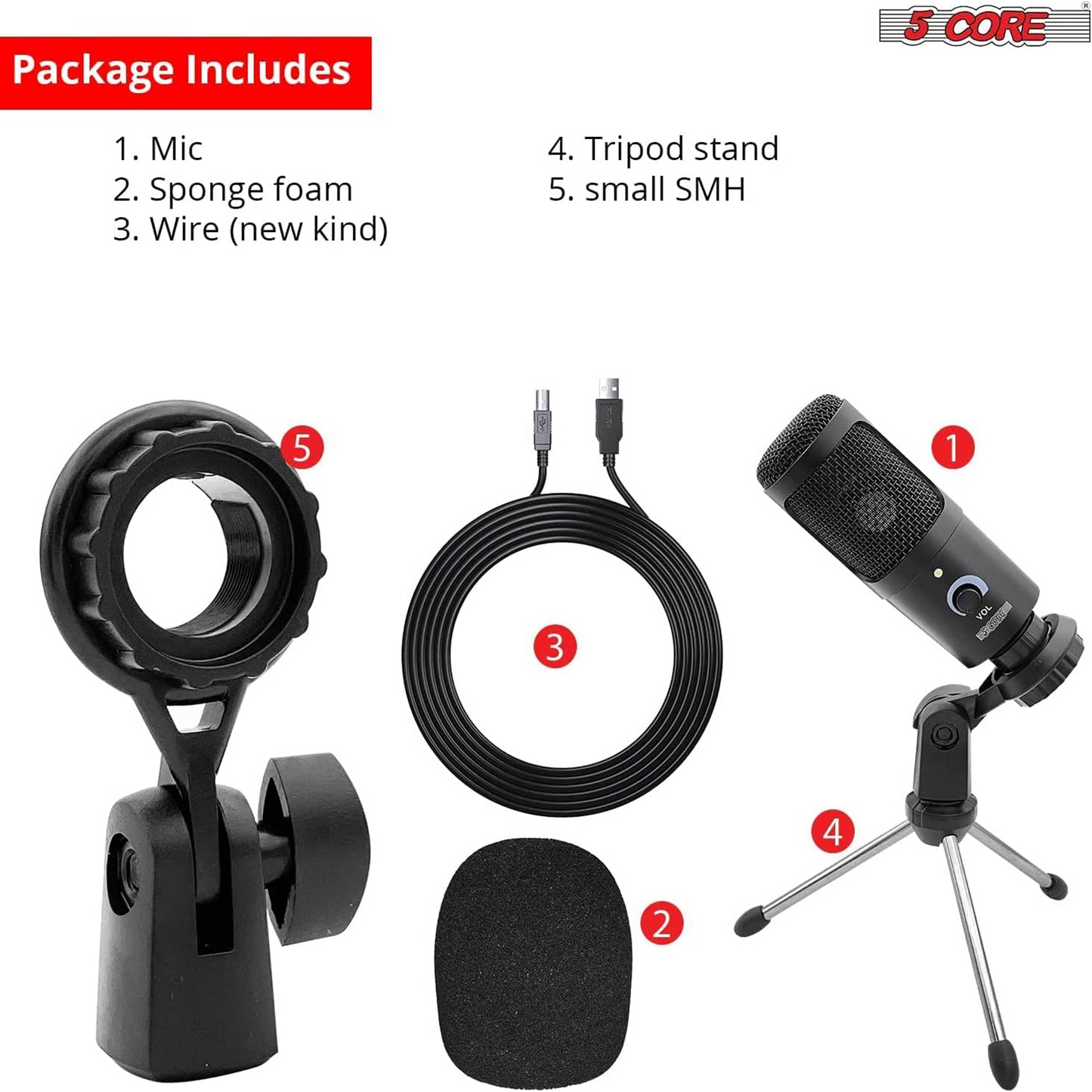 5Core Recording Microphone Podcast Bundle w Condenser Mic Desk Stand Foam Cover Shock Mount