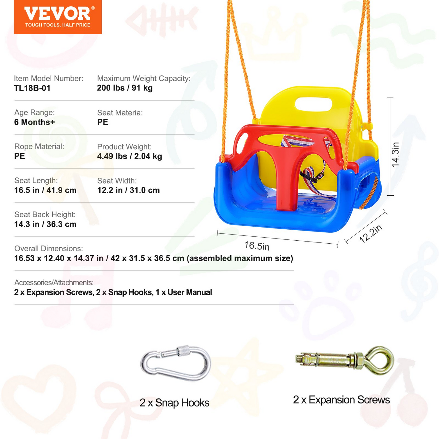 VEVOR 3-in-1 Toddler Swing Seat Baby Swing Seat with Adjustable Ropes Snap Hooks