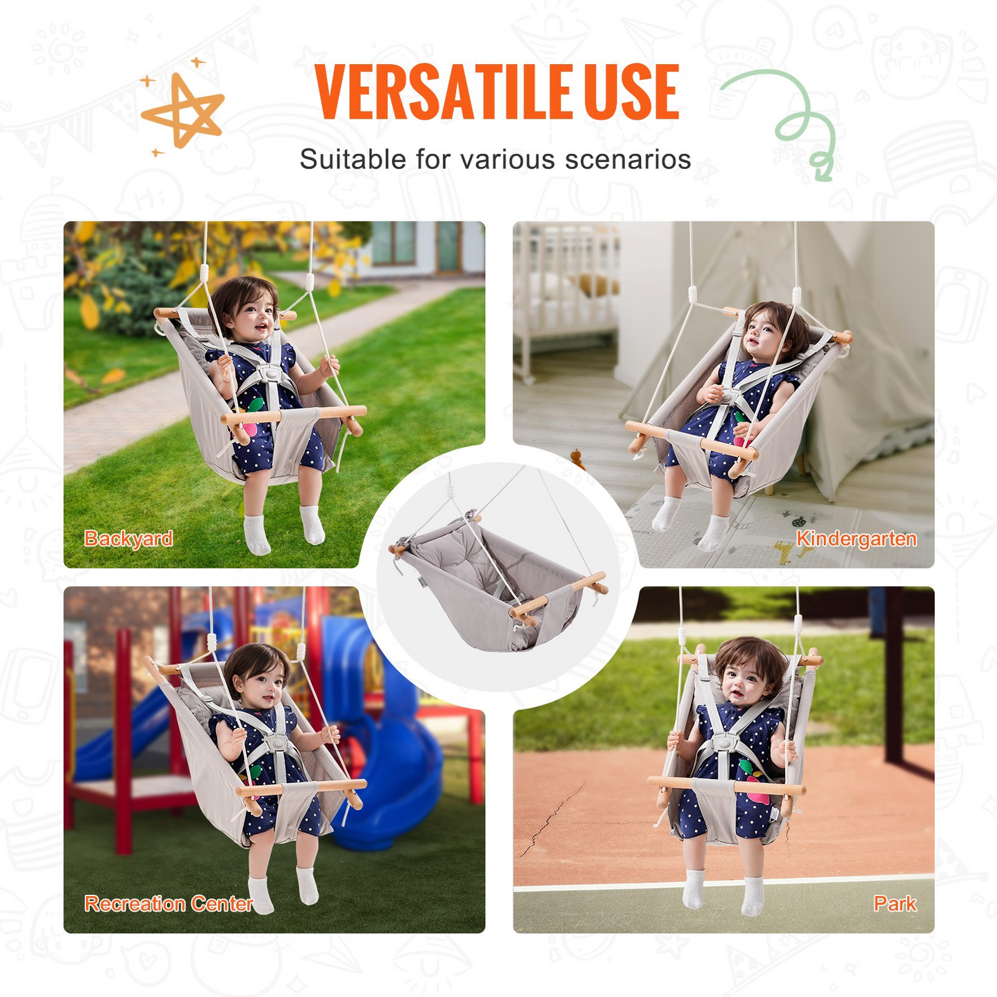 VEVOR Canvas Hammock Swing 3 Modes Baby Swing 5-Point Harness Indoor Outdoor