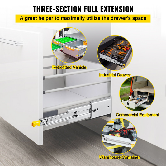 VEVOR Drawer Slides with Dual Lock, 1 Pair 26 inch, Heavy-Duty Industrial Steel up to 500 lbs Capacity, 3-Fold Full Extension, Ball Bearing Lock-in & Lock-Out, Side Mount