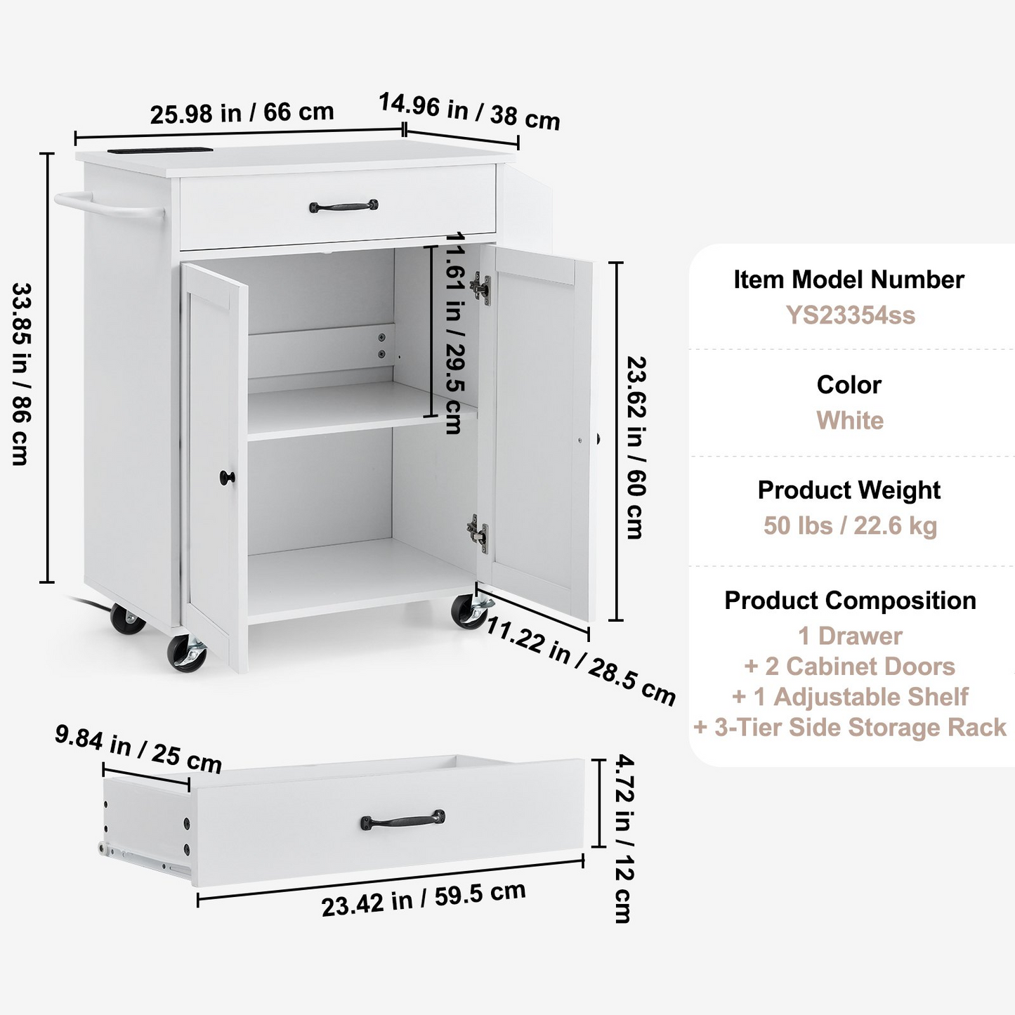 VEVOR Kitchen Island Cart Rolling Storage Cabinet on Wheel with Charging Station