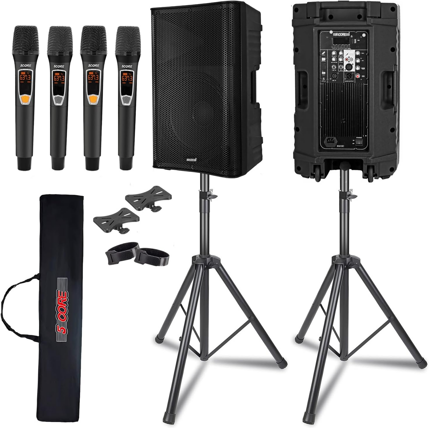 5 Core 15 Inch Professional 4000 W Powered PA System Pair 2 Way TWS Bluetooth Speaker +4 Wireless UHF Mics +2 Stand +2 Bags XLR in/Out Active Preamp Outdoor Sound Set for DJ Party