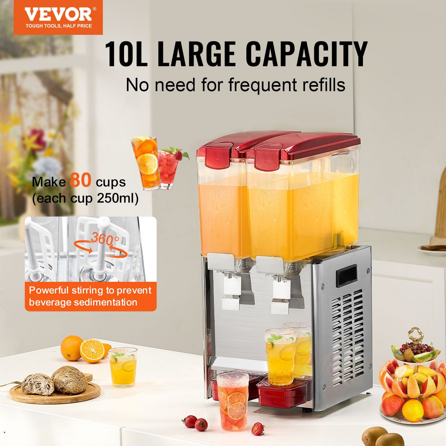 VEVOR Commercial Beverage Dispenser 10L x 2 Tanks Cold Juice Ice Drink Dispenser