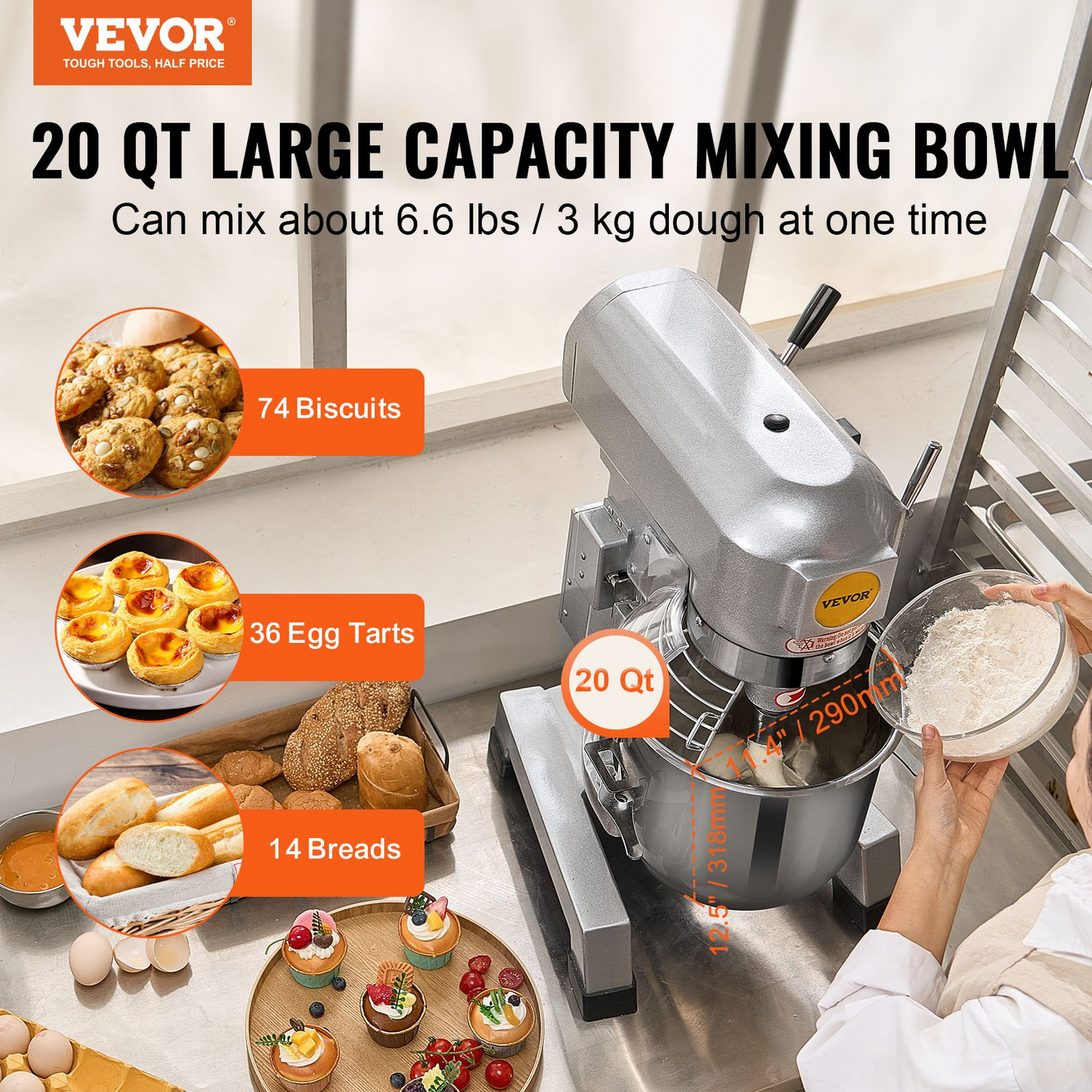 VEVOR Commercial Food Mixer 18.7L 3-Speed Stand Dough Mixer 1100W for Restaurant