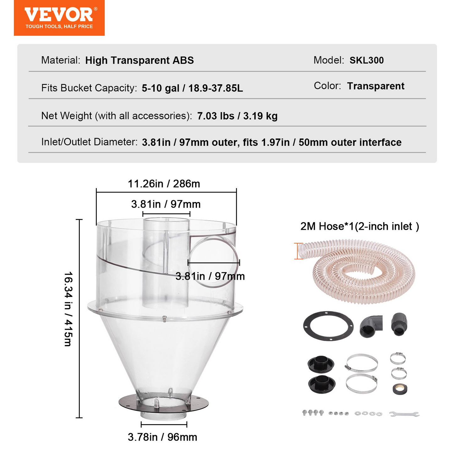 VEVOR Cyclone Dust Separator Vacuum Cleaner Separator 4" for 5-10 Gal Tank