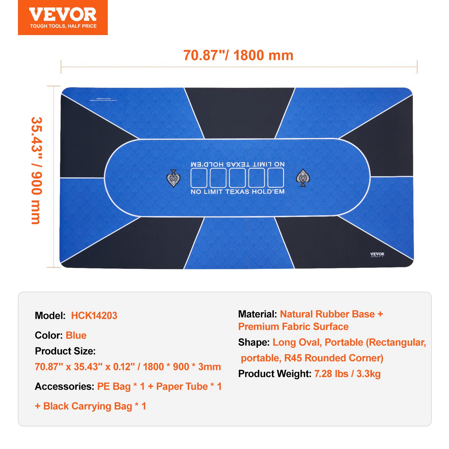 VEVOR Poker Table Top 70 x 35 Inch Poker Mat 6-8 Players Foldable with Bag Blue