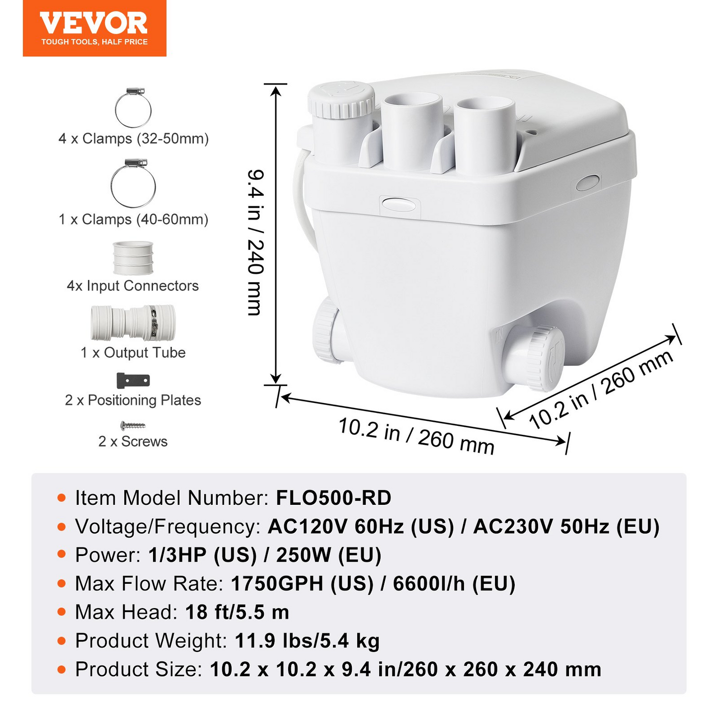 VEVOR Utility Sink Pump Laundry Sink Drain Pump System 1/3 HP 1500 GPH 18ft Head