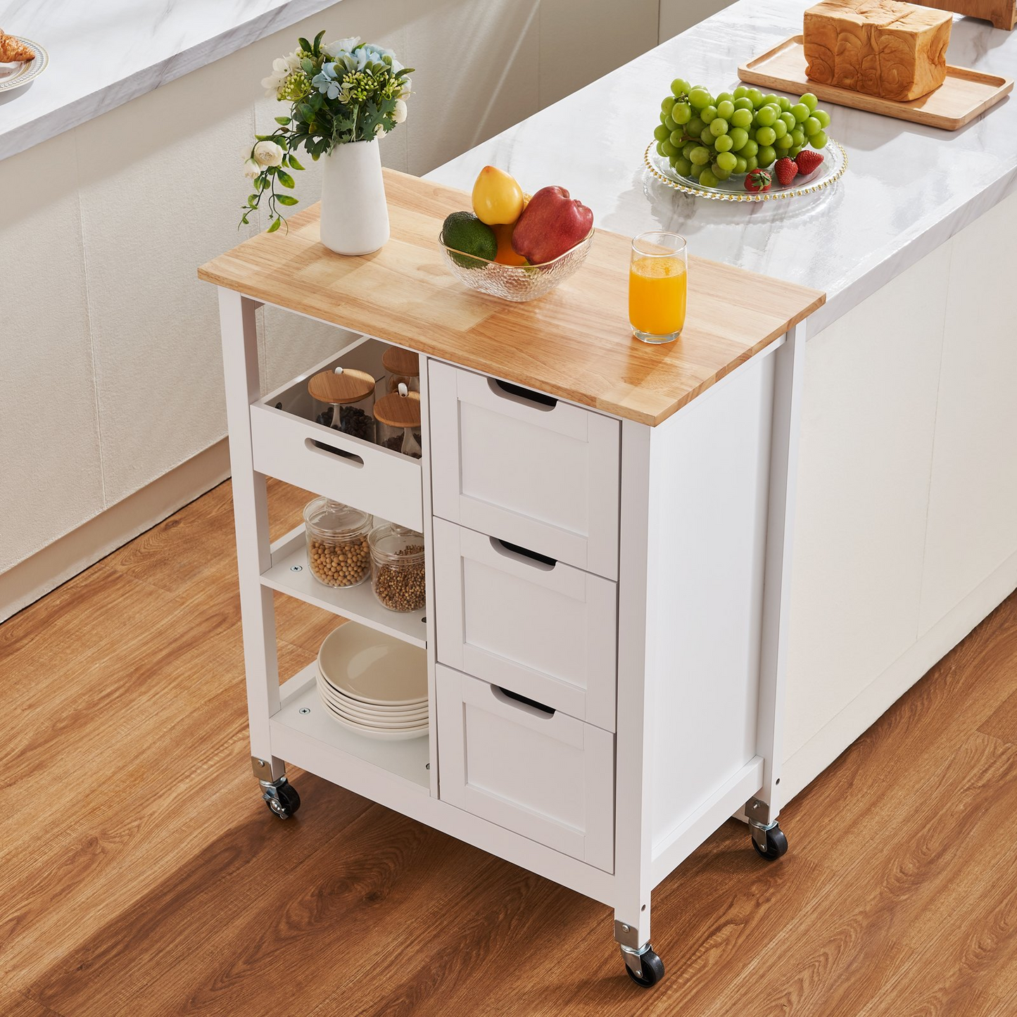 VEVOR Kitchen Island Cart Rolling Storage Cabinet on Wheel with Drawer & Shelves