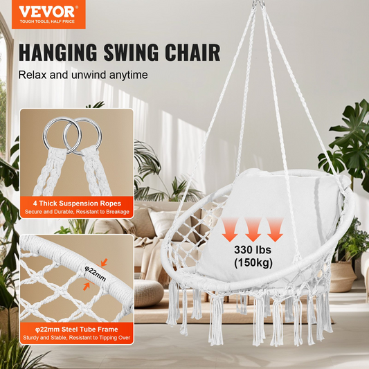 VEVOR Hammock Swinging Chair Macramé Hanging Chair with Cushion Indoor & Outdoor