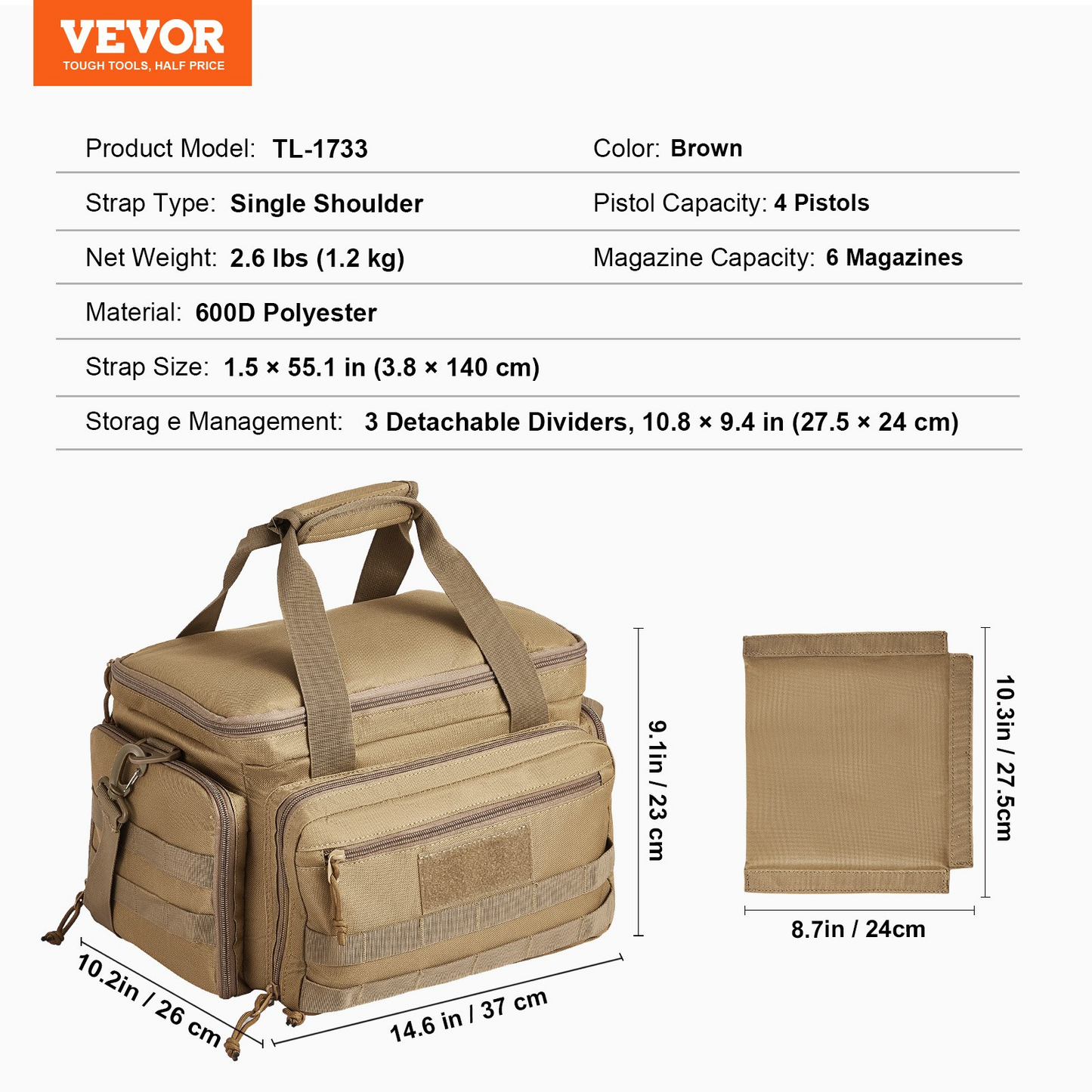 VEVOR Range Bag for 4 Pistols Tactical Gun Range Bag Single Shoulder Strip Brown