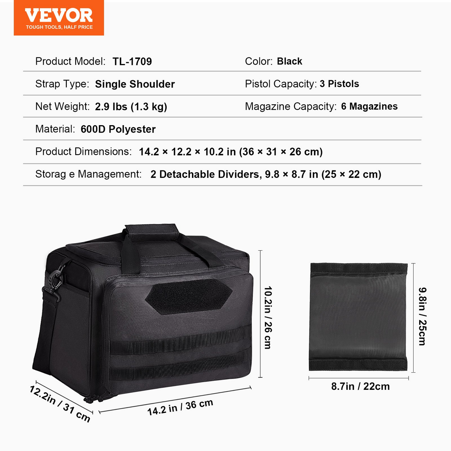 VEVOR Range Bag for 3 Pistols Tactical Gun Range Bag Single Shoulder Strip Black