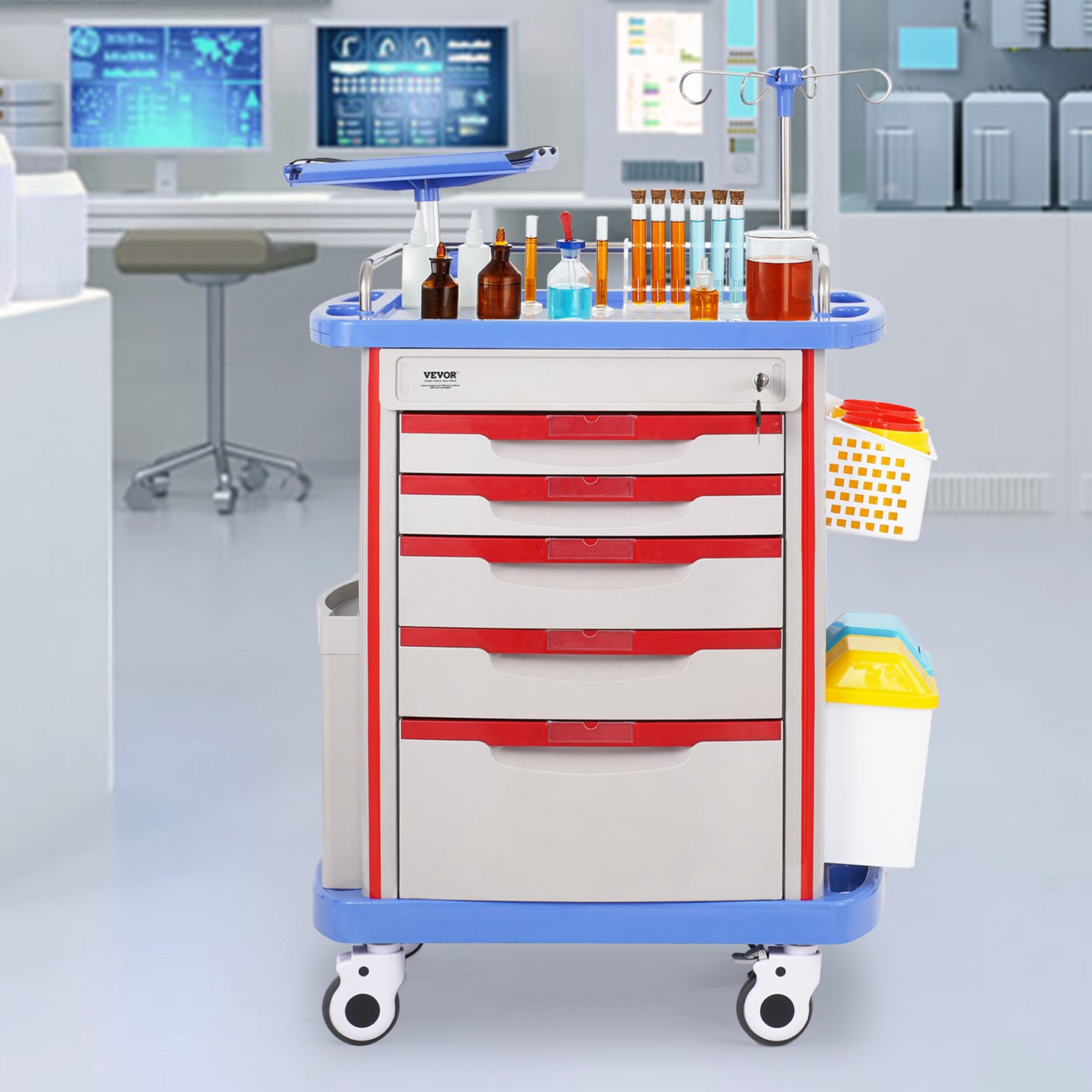 VEVOR 5 Tiers Lab Carts Mobile Medical Cart with 5 Drawers & 2 Trash Cans Blue