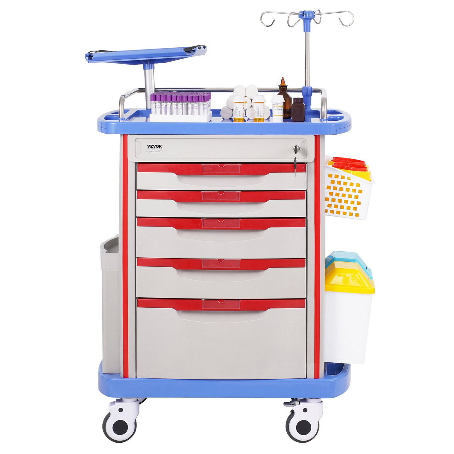 VEVOR 5 Tiers Lab Carts Mobile Medical Cart with 5 Drawers & 2 Trash Cans Blue