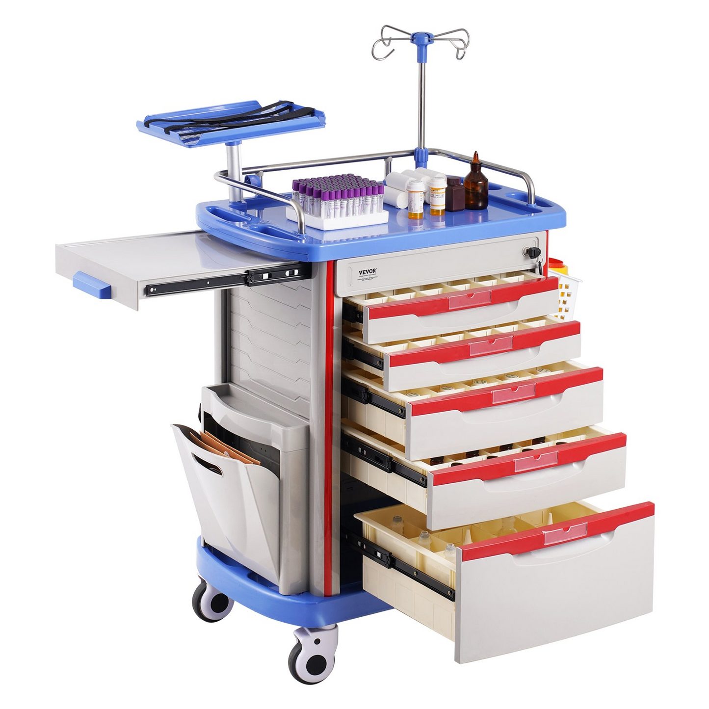 VEVOR 5 Tiers Lab Carts Mobile Medical Cart with 5 Drawers & 2 Trash Cans Blue