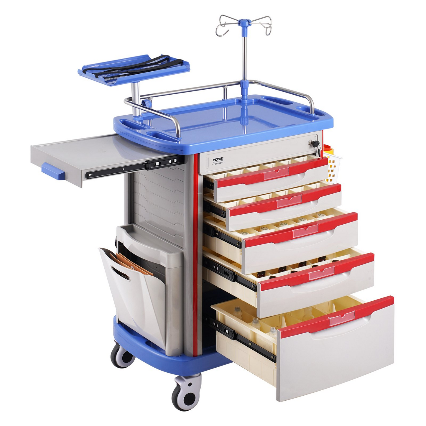 VEVOR 5 Tiers Lab Carts Mobile Medical Cart with 5 Drawers & 2 Trash Cans Blue