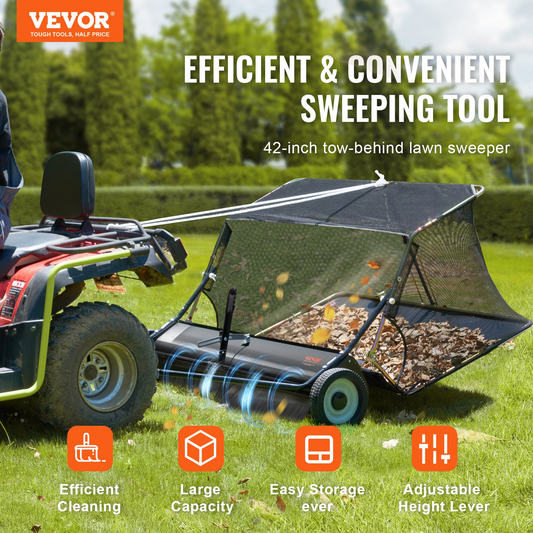 VEVOR Tow-Behind Lawn Sweeper 42-inch Leaf Yard Collector 12 cu.ft. Adjustable