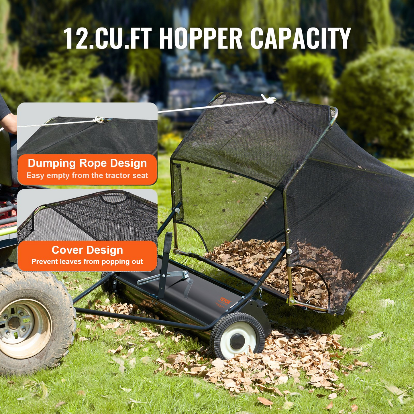 VEVOR Tow-Behind Lawn Sweeper 42-inch Leaf Yard Collector 12 cu.ft. Adjustable