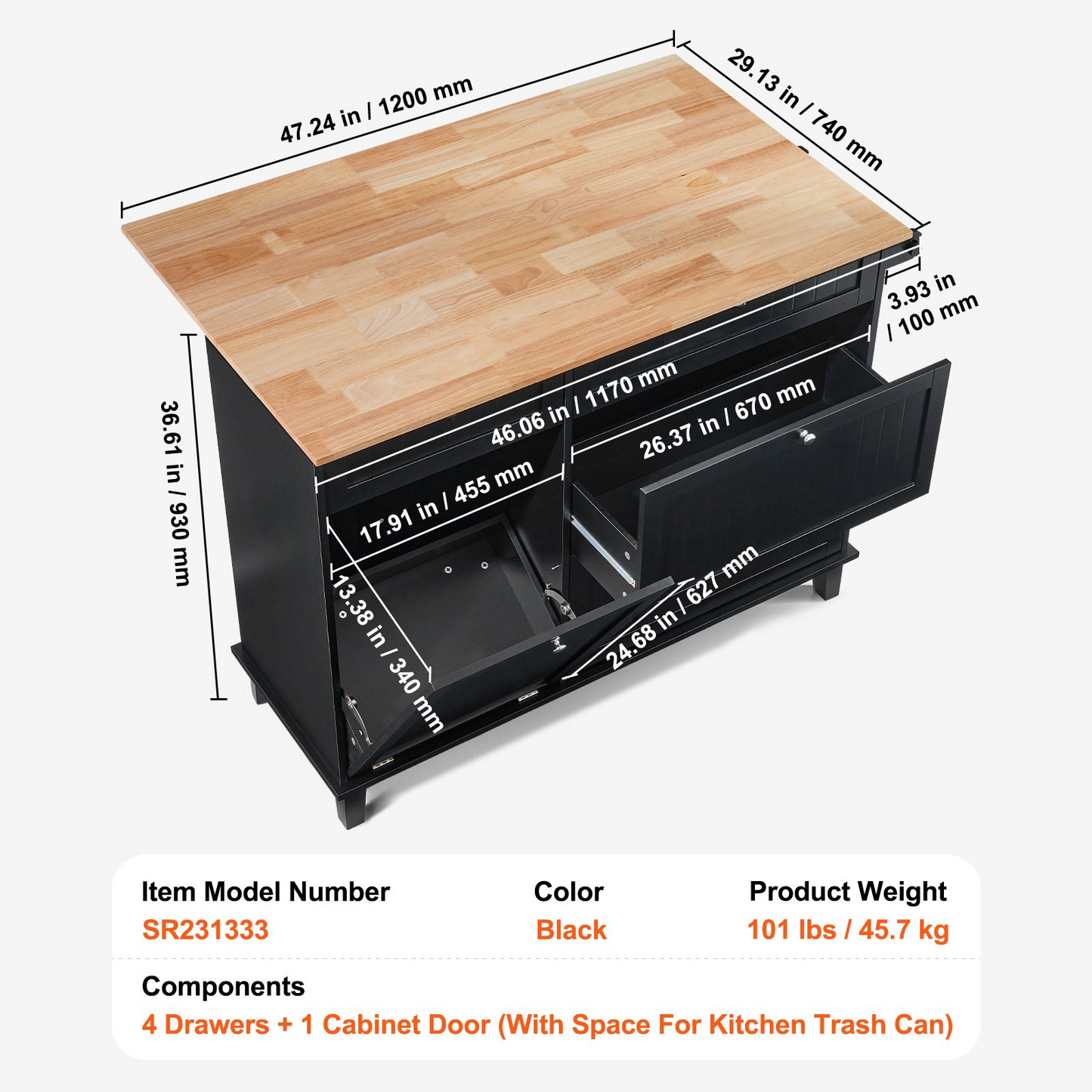 VEVOR Kitchen Island Cart Storage Cabinet Serving with Drawer & Trash Cabinet