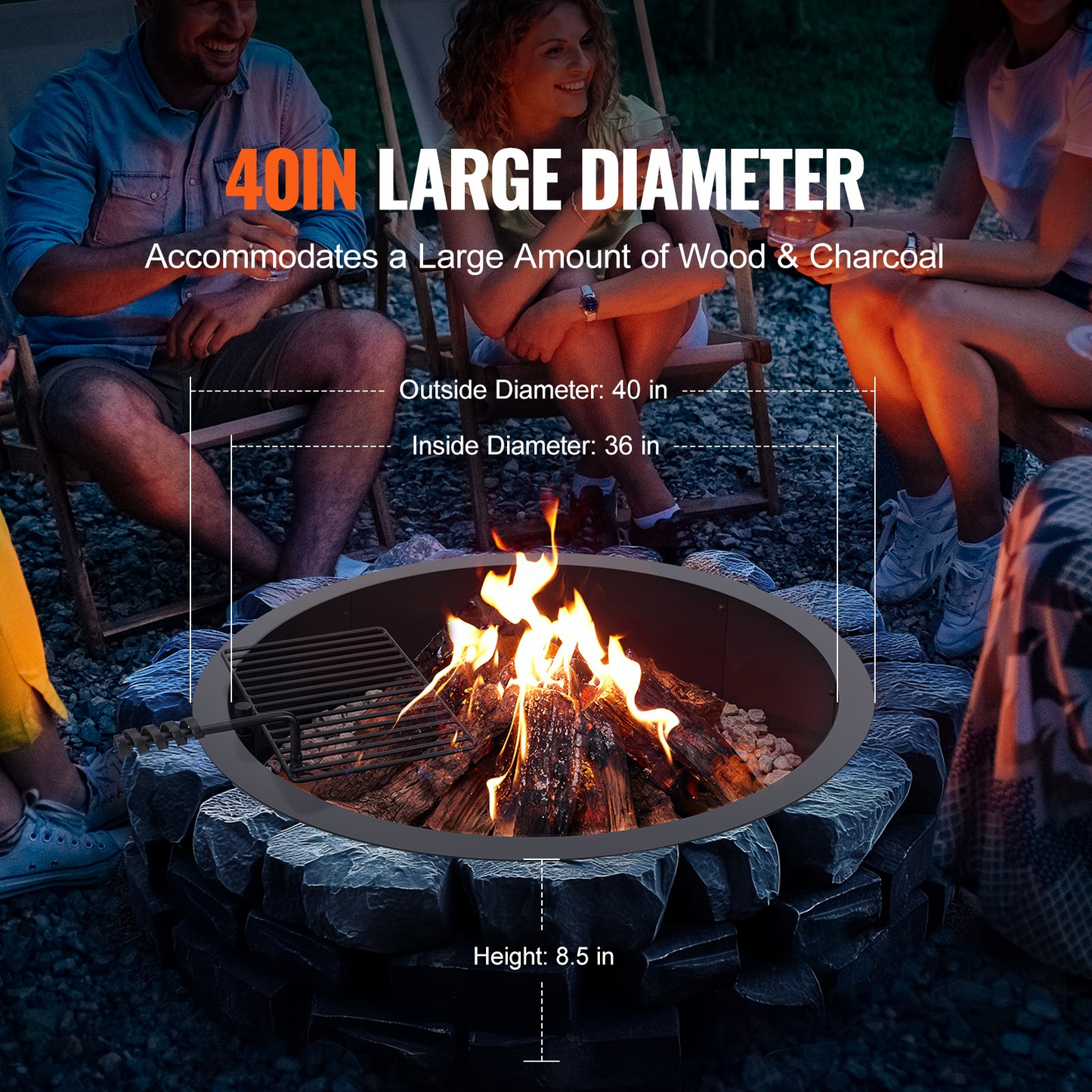 VEVOR Fire Pit Ring w/ BBQ Fire Ring 40 Inch Outer Steel DIY Campfire Firepit