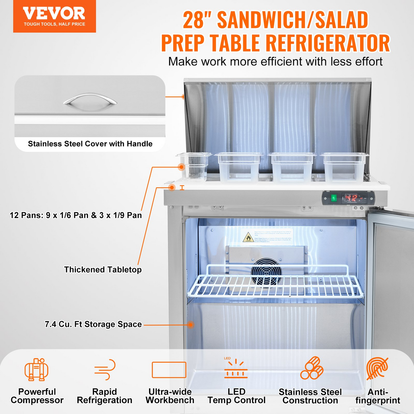 VEVOR Commercial Refrigerator 28" Sandwich Salad Prep Table 1 Door with 12 Pans