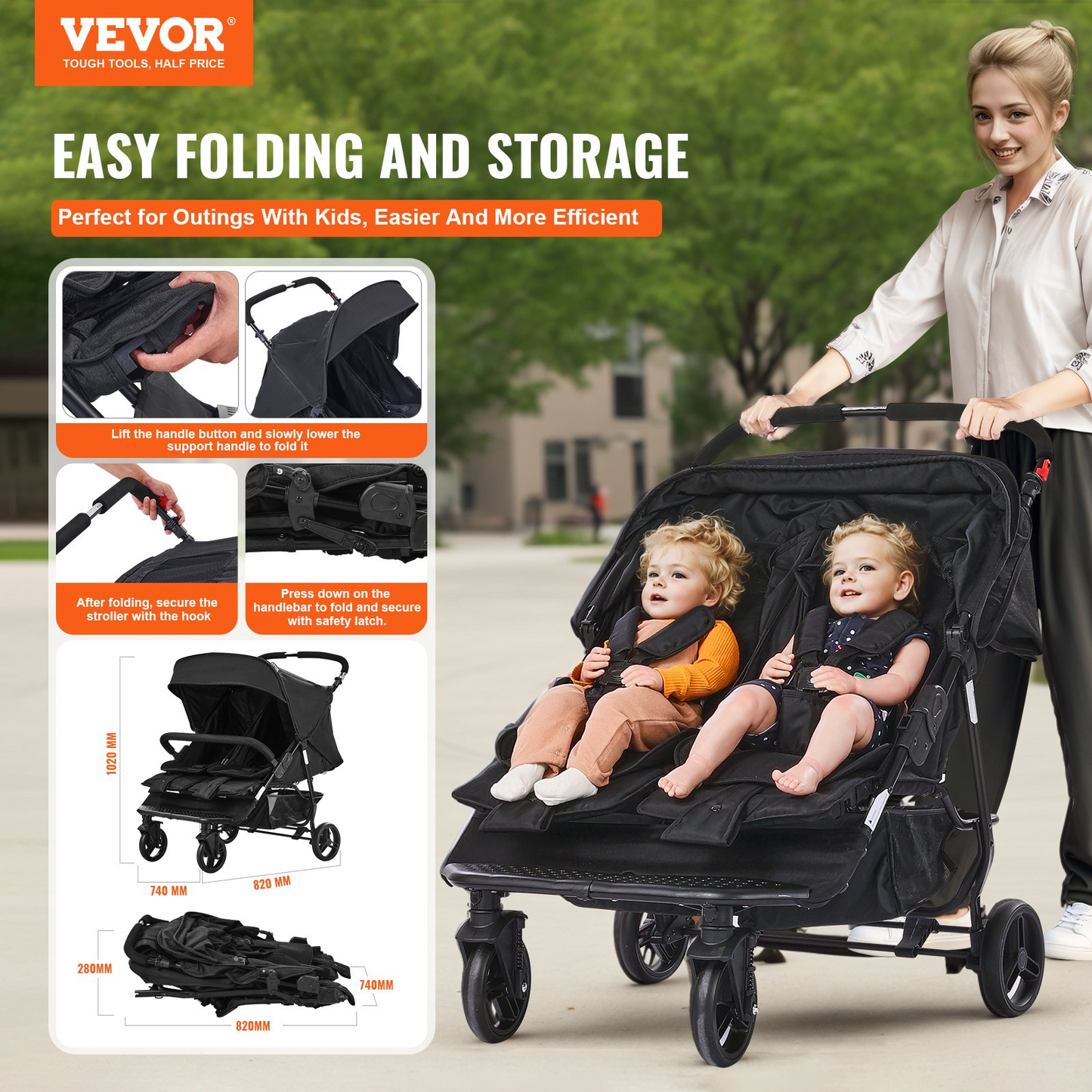 VEVOR Double Stroller Side x Side Foldable Lightweight Twin Stroller Black