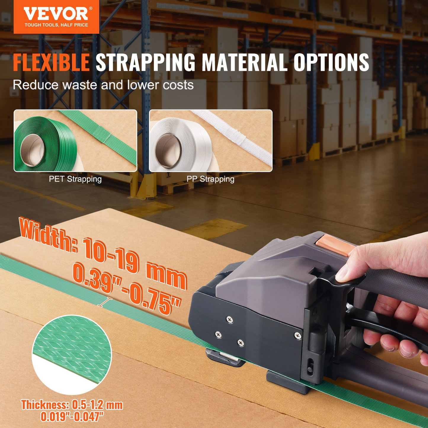 VEVOR DD19A Electric Strapping Tool, Handheld Strapping Machine for 0.4-0.7inch Width PP/PET Belt, Electric Welding Strapping Tool Tight 6000N Adjustable, for PET/PP Bands