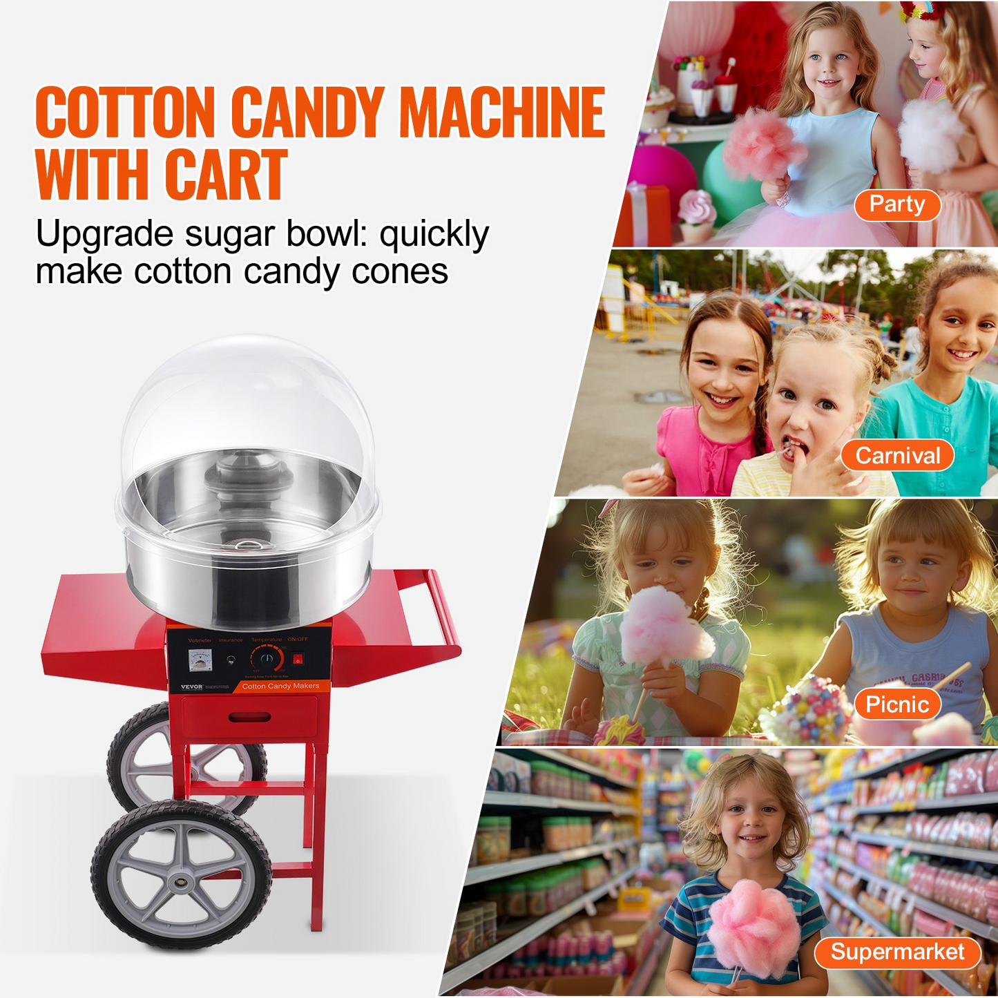 VEVOR Electric Cotton Candy Machine with Cart, 1000W Commercial Candy Floss Maker with Cover, Stainless Steel Bowl, Sugar Scoop and Drawer, Perfect for Home, Kids Birthday, Family Party, Red