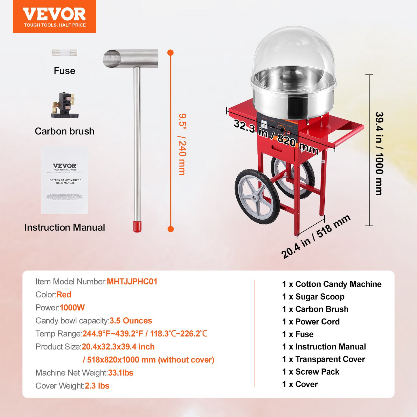 VEVOR Electric Cotton Candy Machine with Cart, 1000W Commercial Candy Floss Maker with Cover, Stainless Steel Bowl, Sugar Scoop and Drawer, Perfect for Home, Kids Birthday, Family Party, Red