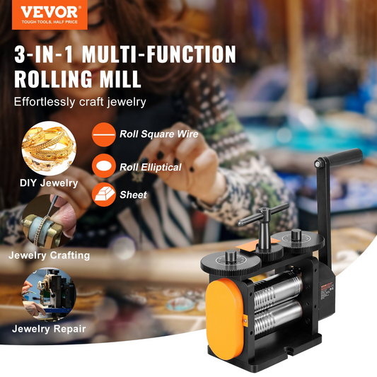 VEVOR Rolling Mill, 2.24"/57 mm Jewelry Rolling Mill Machine, 1: 2 Gear Ratio, 3-in-1 Multi-function Rolling Mill, 0-5.5 mm Press Thickness for Metal Jewelry Making Sheet Square Wire Elliptical