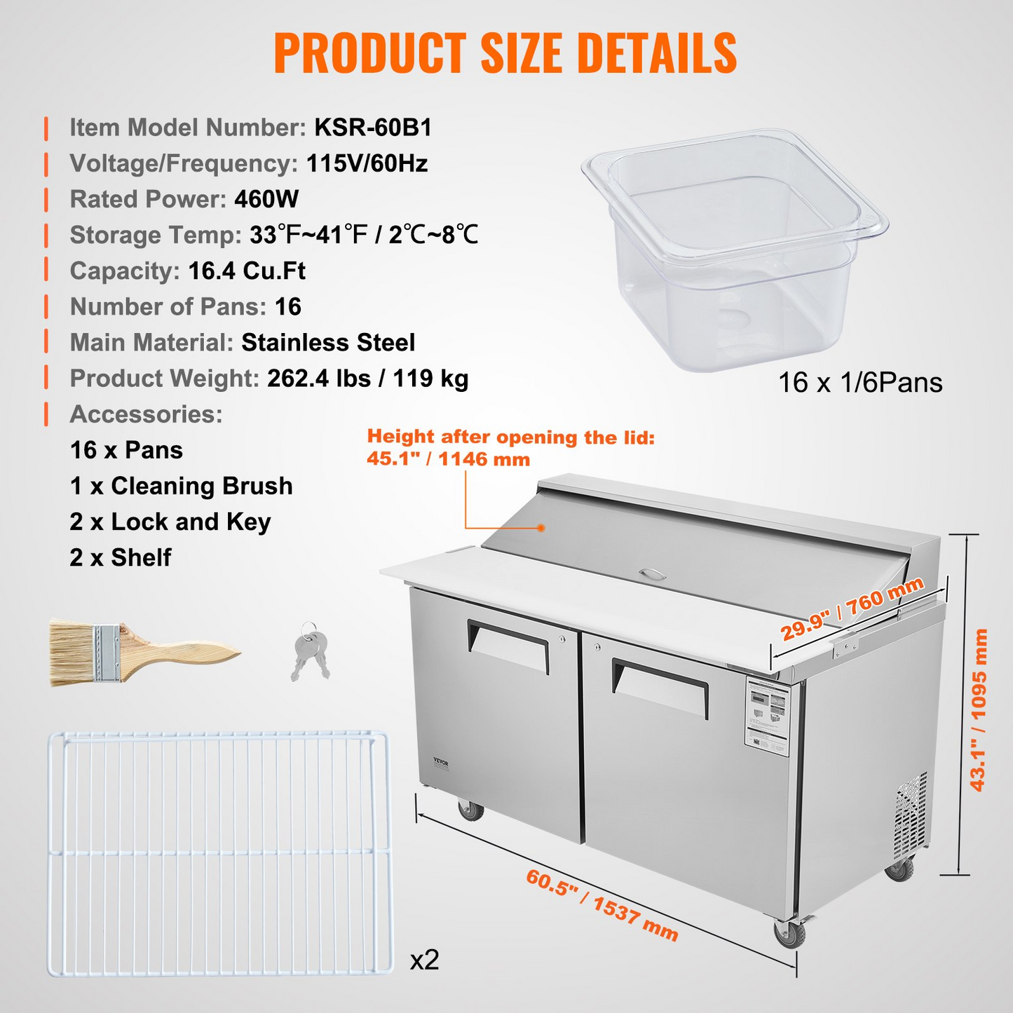 VEVOR Commercial Refrigerator 60" Sandwich Salad Prep Table 2 Doors w/ 16 Pans