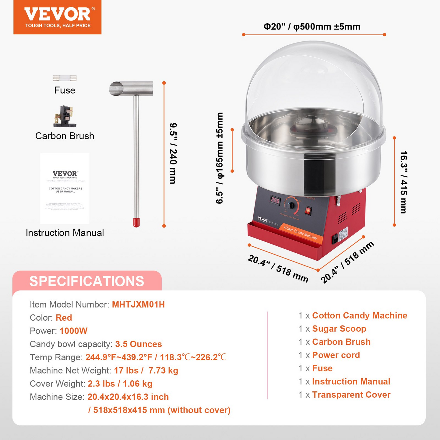 VEVOR Electric Cotton Candy Machine, 1000W Candy Floss Maker, Commercial Cotton Candy Machine with Cover, Stainless Steel Bowl, and Sugar Scoop, Perfect for Home Kids Birthday, Family Party (Red)