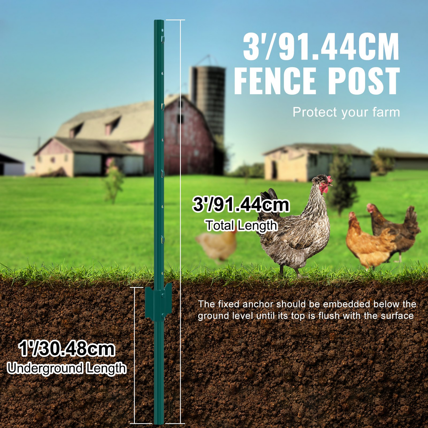 VEVOR 3 Feet Fence Post 10 Pack T-Post Heavy Duty Metal Fence Posts Green