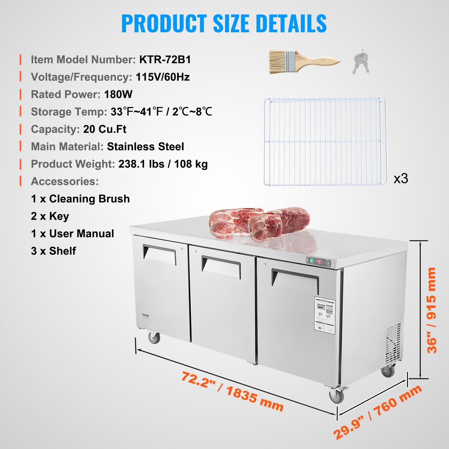 VEVOR 72" Commercial Refrigerator Sandwich & Salad Prep Table 20 Cu. Ft Fridge