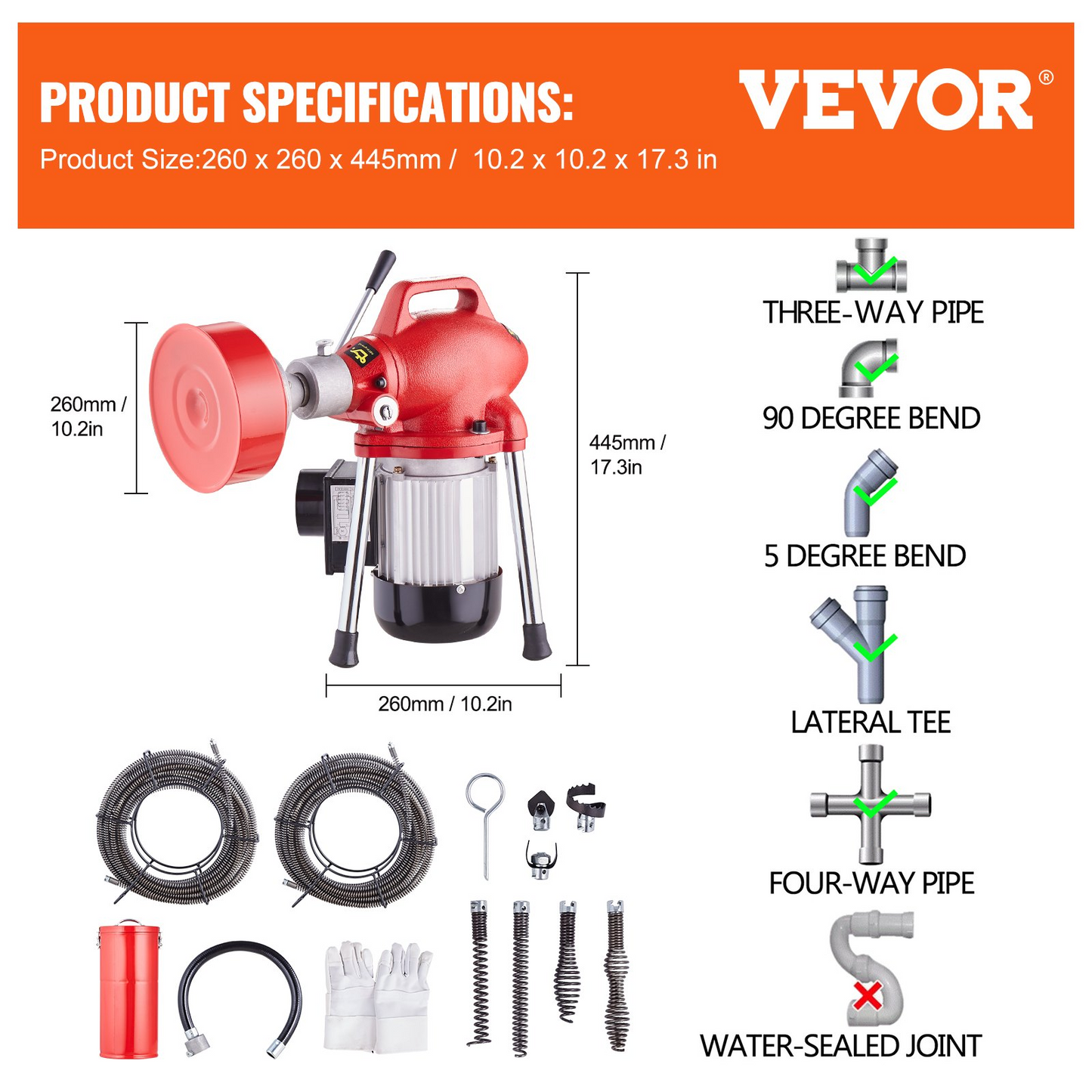 VEVOR Drain Cleaner Machine 120FT x 5/8In 370W Sectional Snake Auger Manual Feed