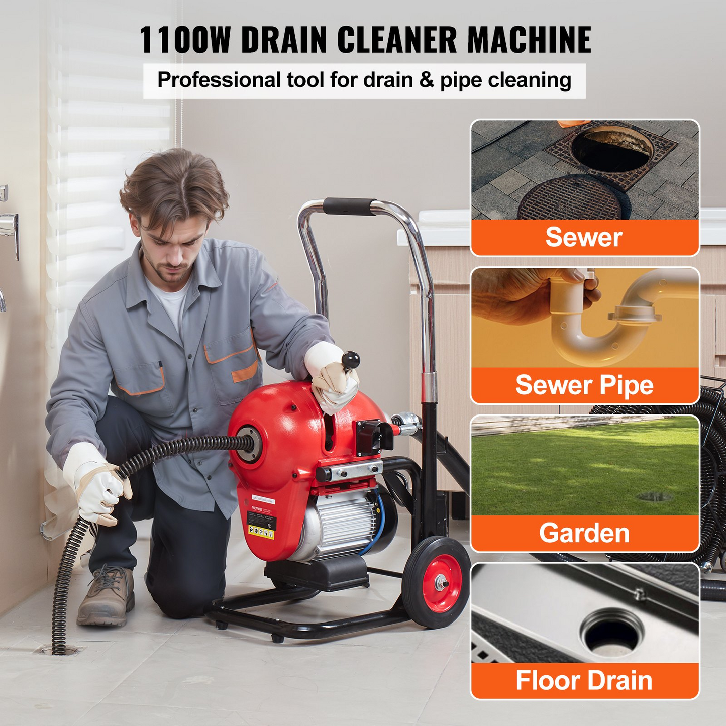 VEVOR Drain Cleaner Machine 120FT x 6/5" 1100W Sectional Snake Auger Manual Feed