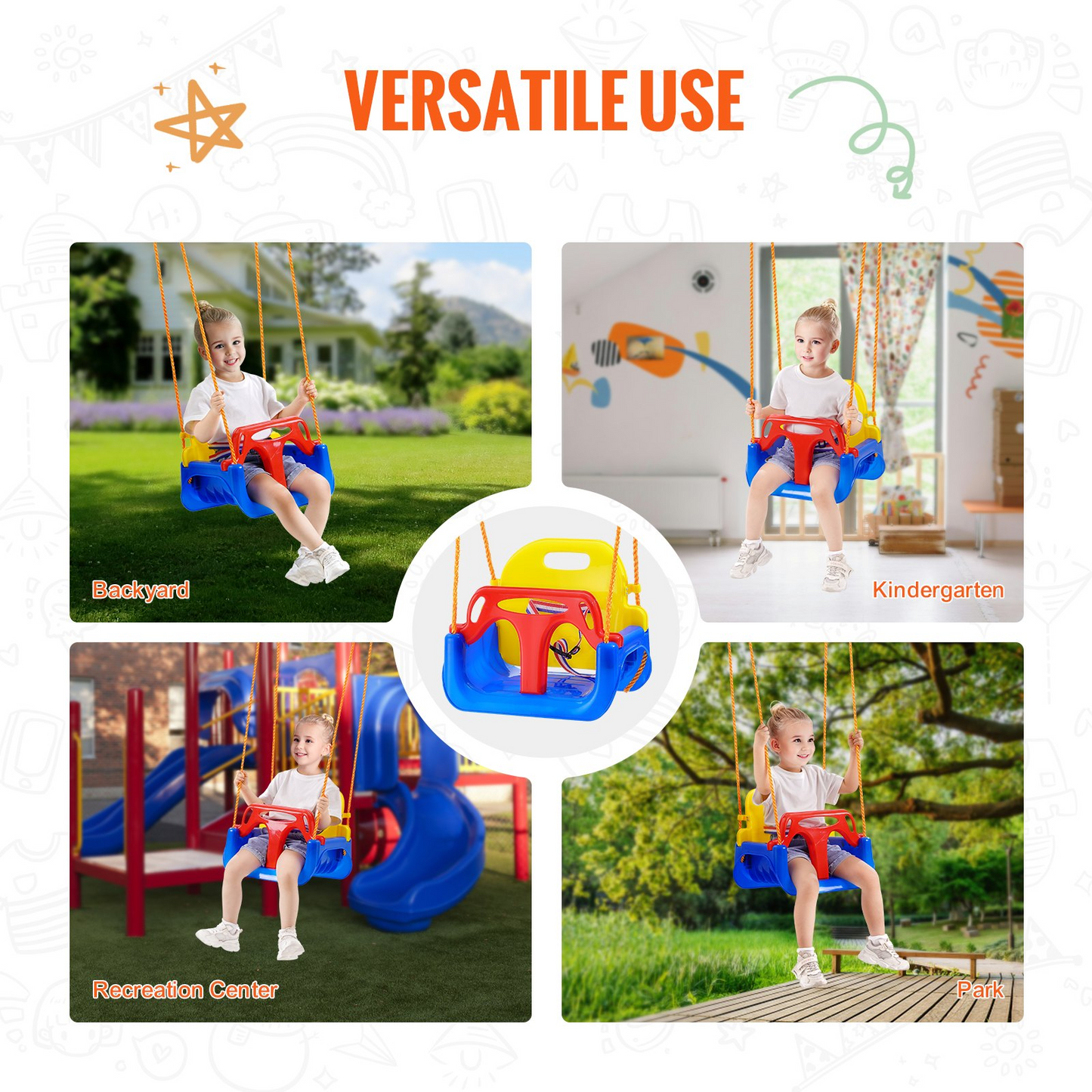 VEVOR 3-in-1 Toddler Swing Seat Baby Swing Seat with Adjustable Ropes Snap Hooks