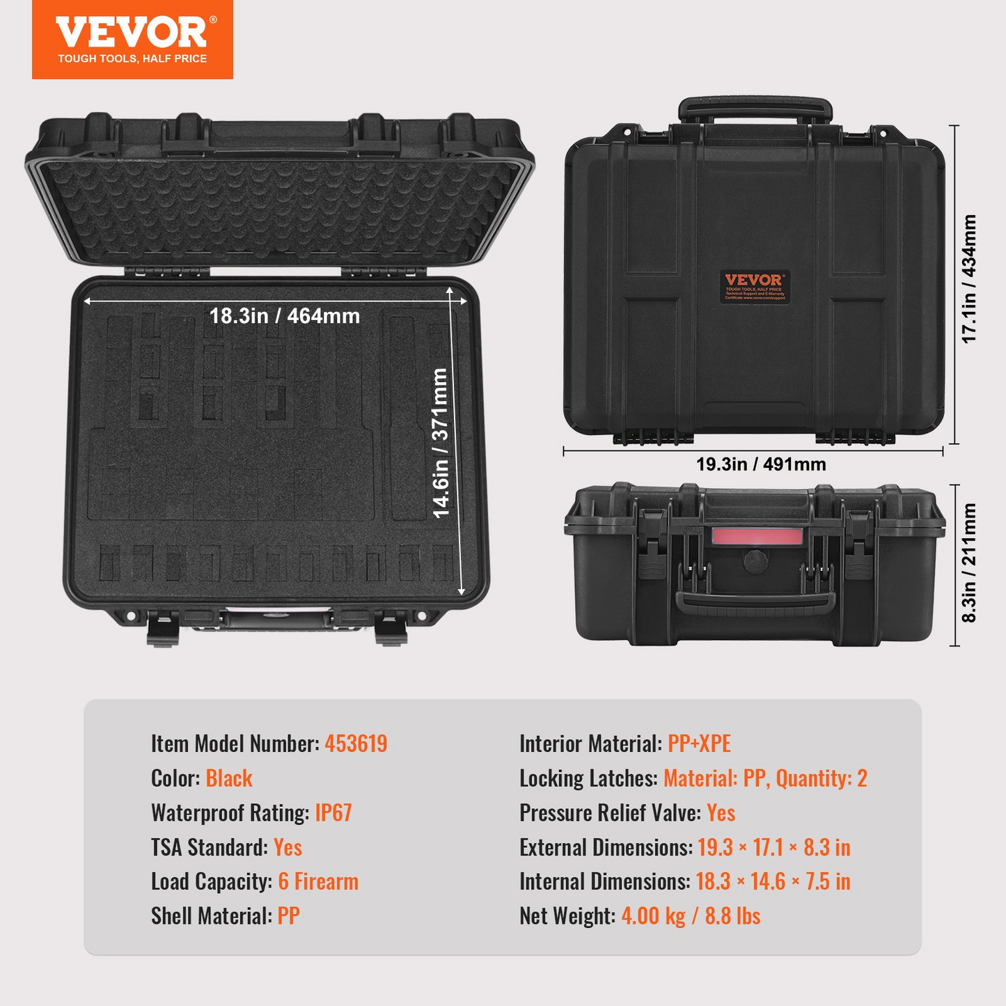 VEVOR Hard Pistol Cases with Pre-cut PU Foam, Waterproof & Dustproof Hard Gun Case for 1 Pistol, 19.3×17.1×8.3 in Lockable Pistol Case, Black