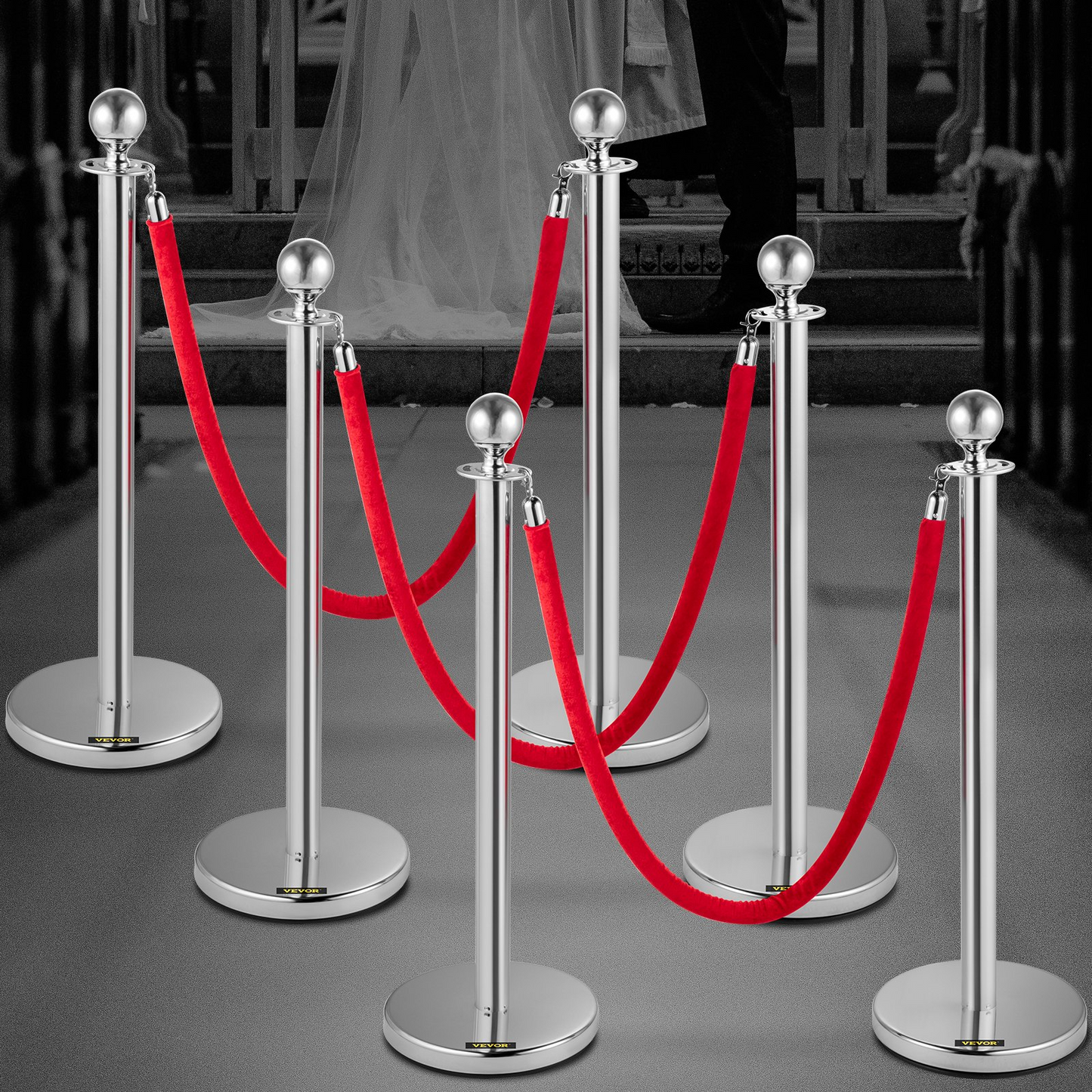 VEVOR 6PCS Red Rope Stanchion Silver Post Crowd Control Queue Line Barrier