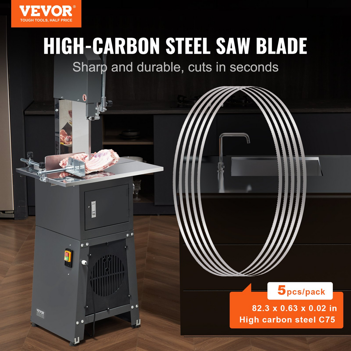 VEVOR Band Saw Blade for Cutting Meat Bone 82.3"x0.63"x0.02" Carbon Steel 5 PCS