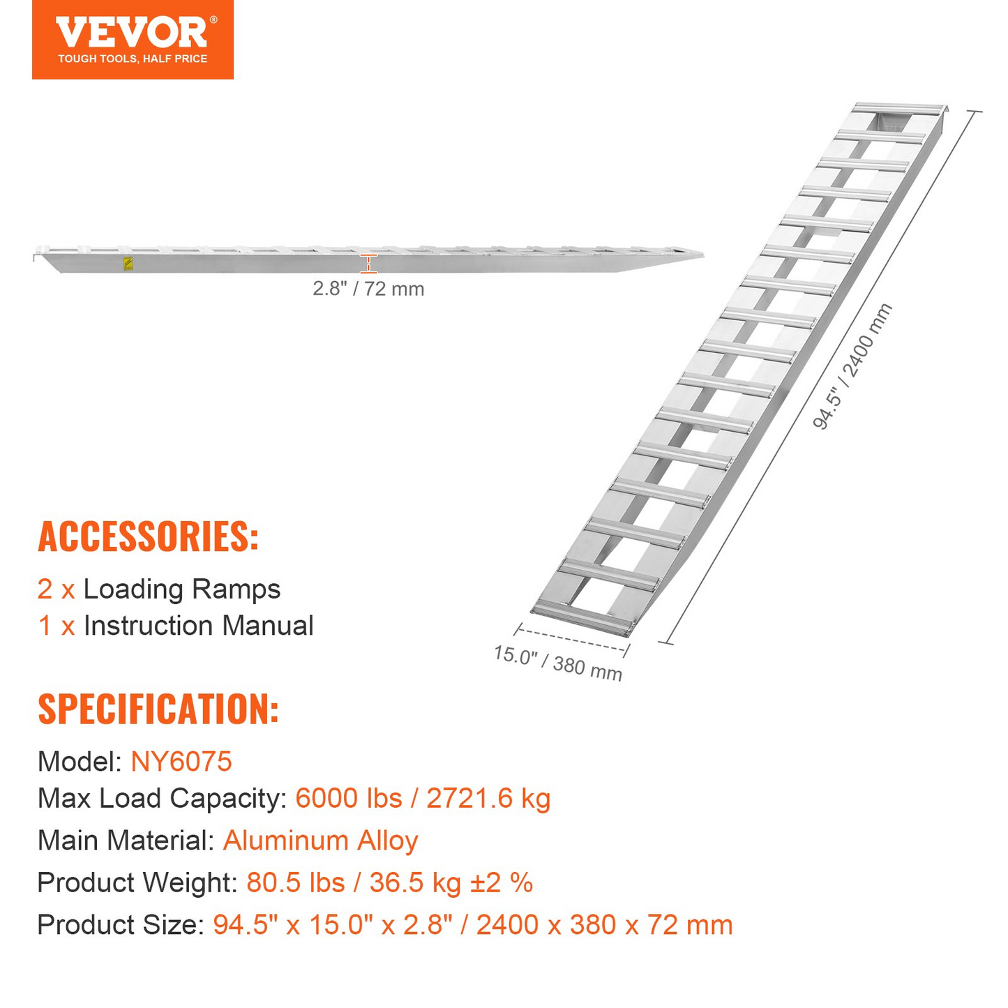 VEVOR 94" x 15" Aluminum Ramps 6000 LBS Capacity Loading Ramps 2PCS