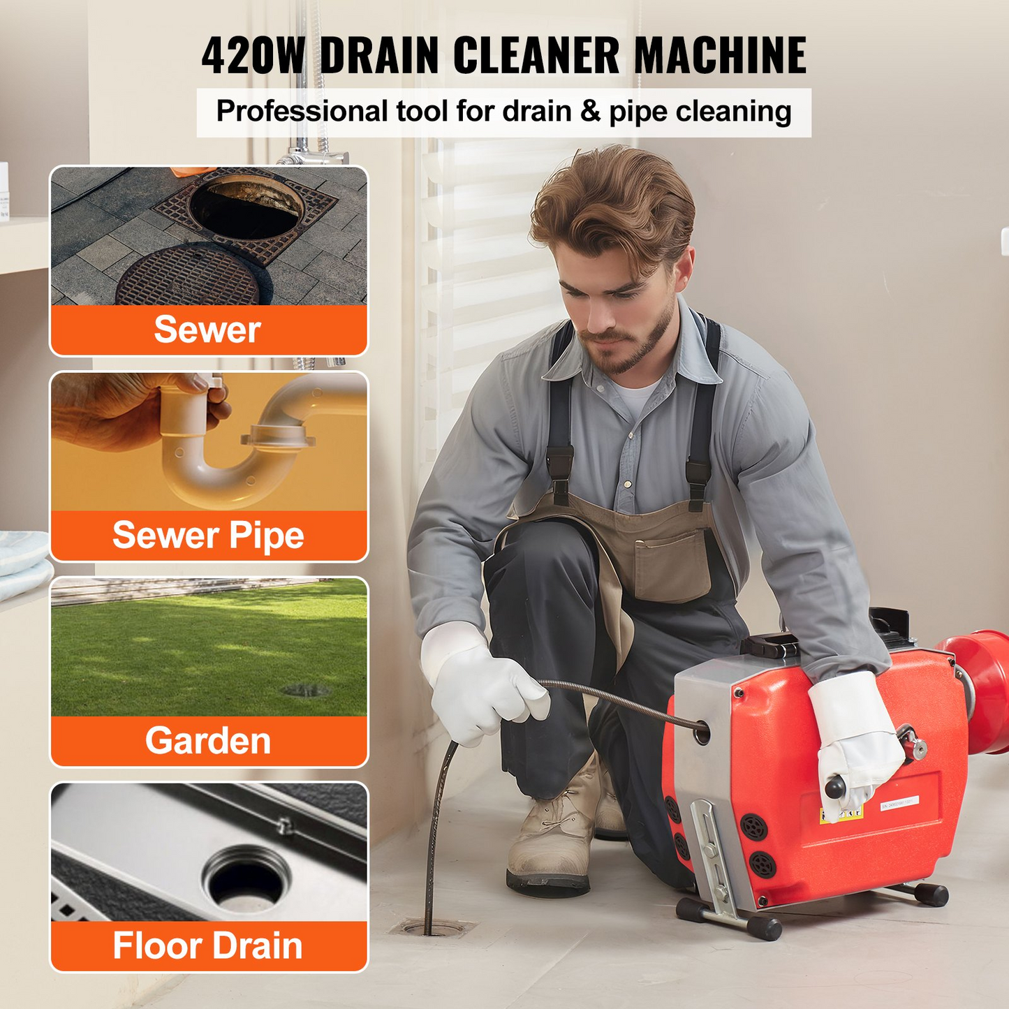 VEVOR Drain Cleaner Machine 120FT x 7/8" 420W Sewer Snake Auger Manual Feed